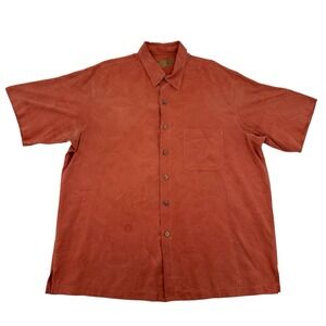 Caribbean Silk Blend Orange Floral Short Sleeve Wooden Button Up Shirt Men Sz XL